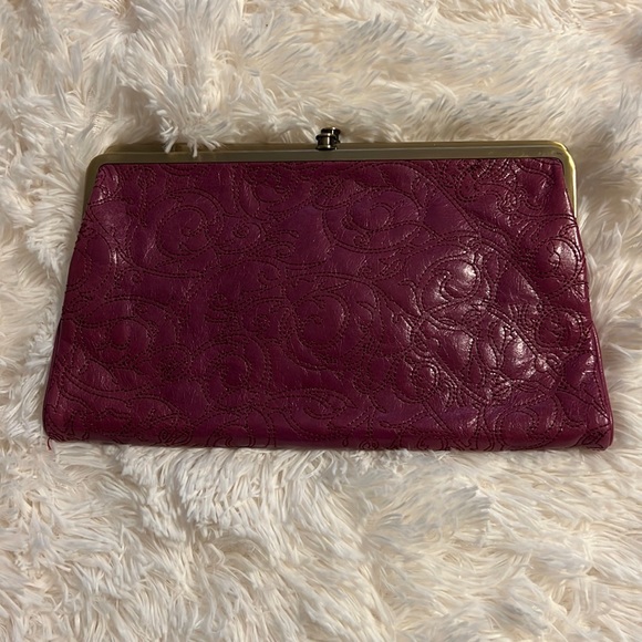 HOBO Handbags - HOBO berry dark pink mauve etched leather handheld clutch w/ built-in wa…